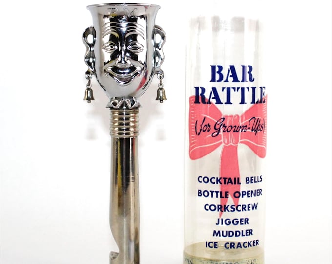 Vintage Jester Cocktail Jigger, AM/PM Bar Rattle, Corkscrew, Bottle Opener