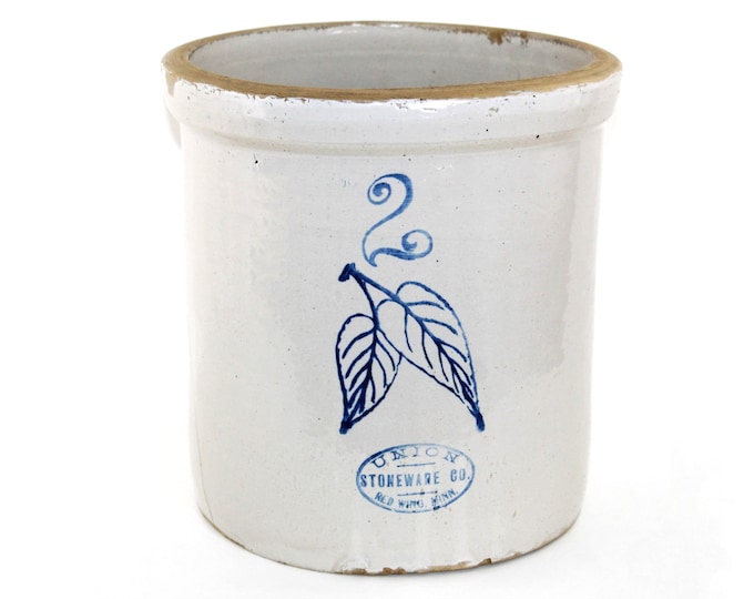 Antique 1896 Union Stoneware Two Gallon Birch Leaf Crock.