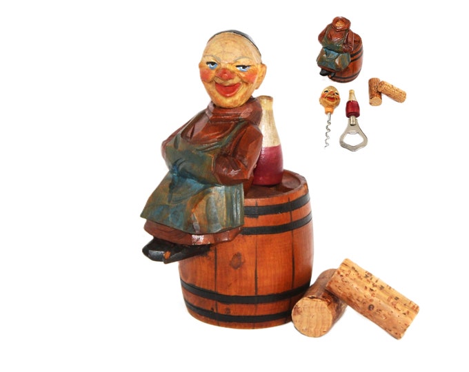 1950s ANRI Hand Carved Barware Set, The Happy Monk Corkscrew and Bottle Opener