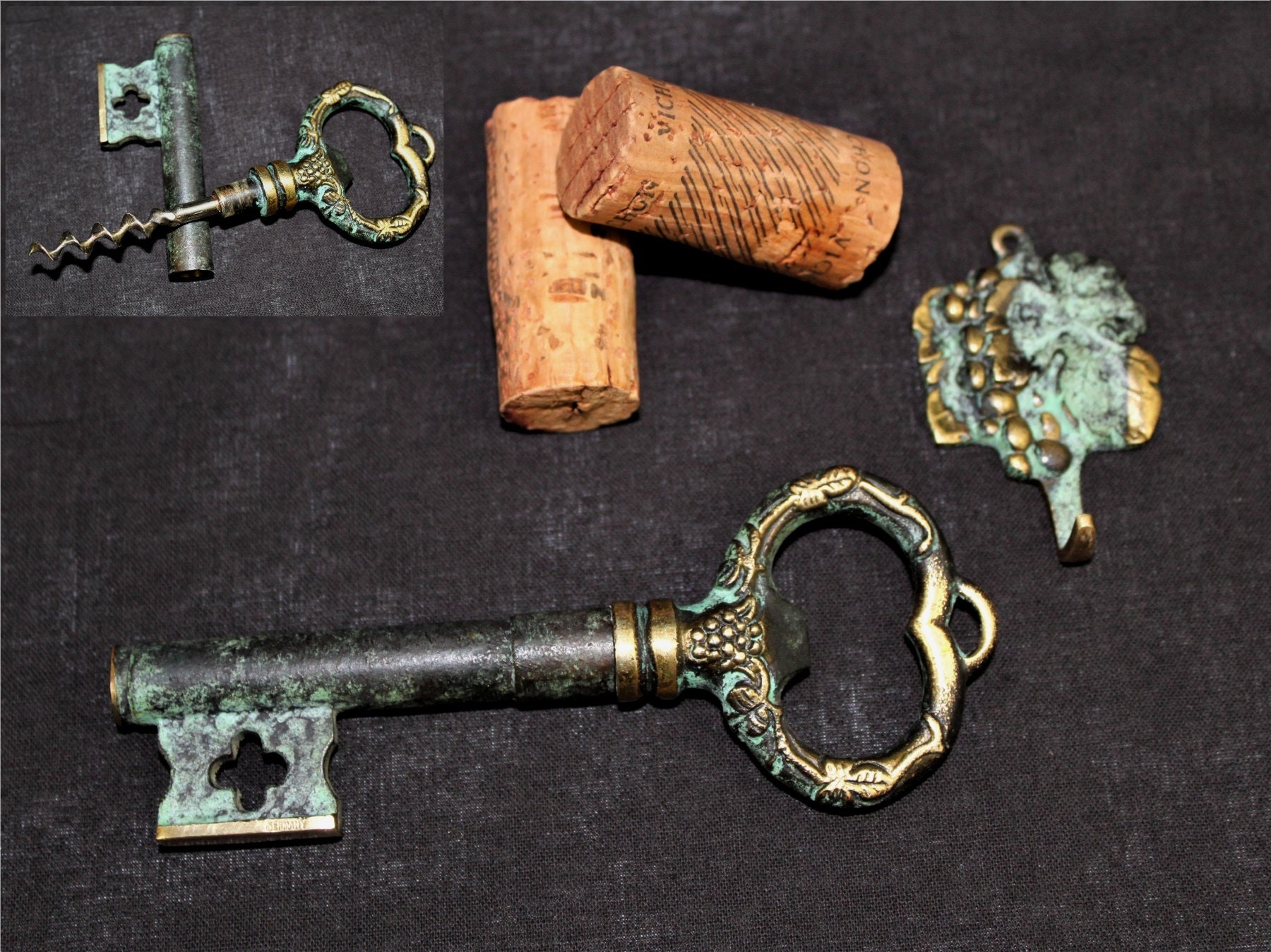 German Barware, Brass Key Bottle Opener with Hidden Corkscrew, Wine