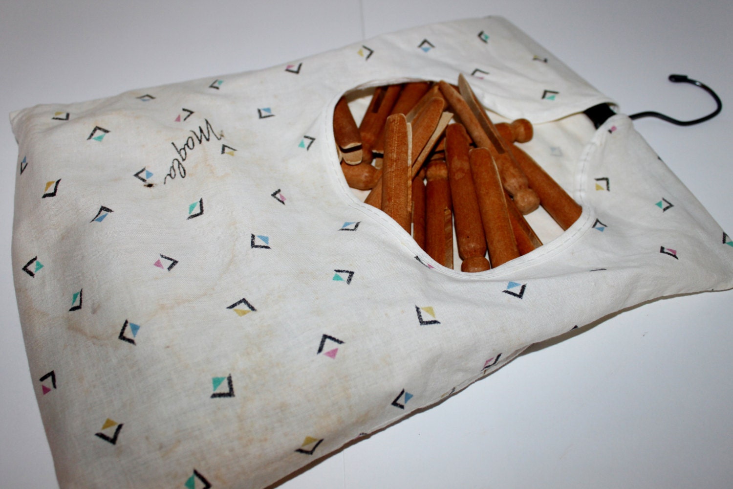 Vintage Handmade Clothes Pin Holder with 55 vintage clothes Pins