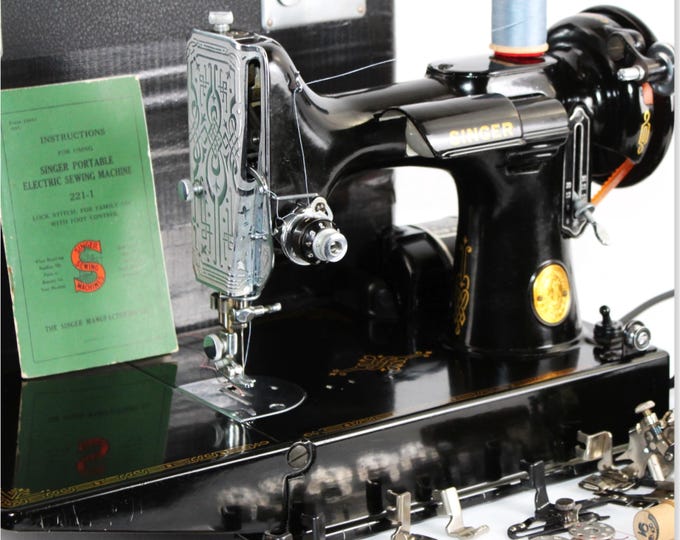 1941 Singer 221 Featherweight Scroll Front Sewing Machine with Carrying Case, Cleaned and Serviced