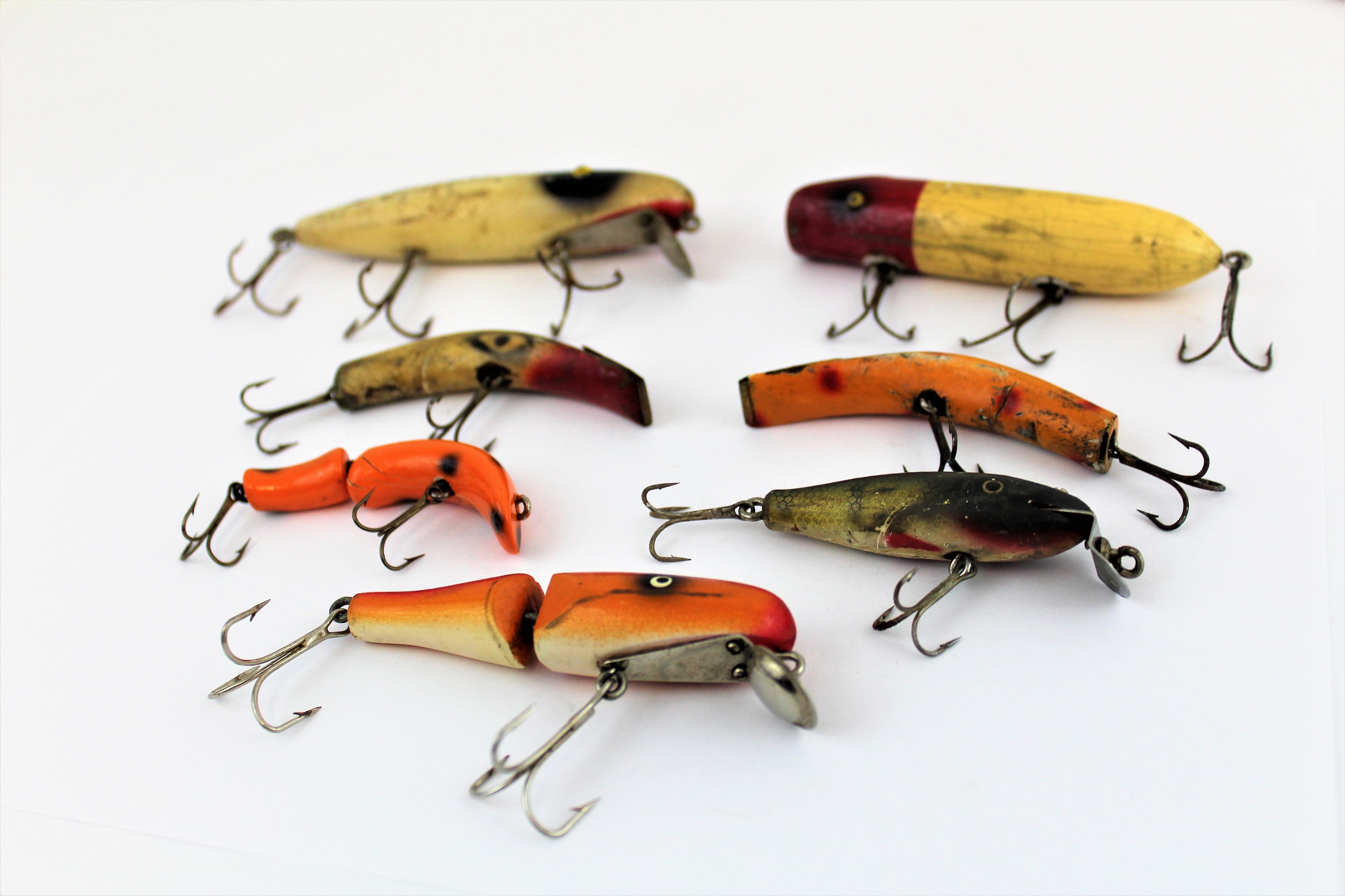 Vintage Fishing Lures, Seven Wooden Fishing Lures