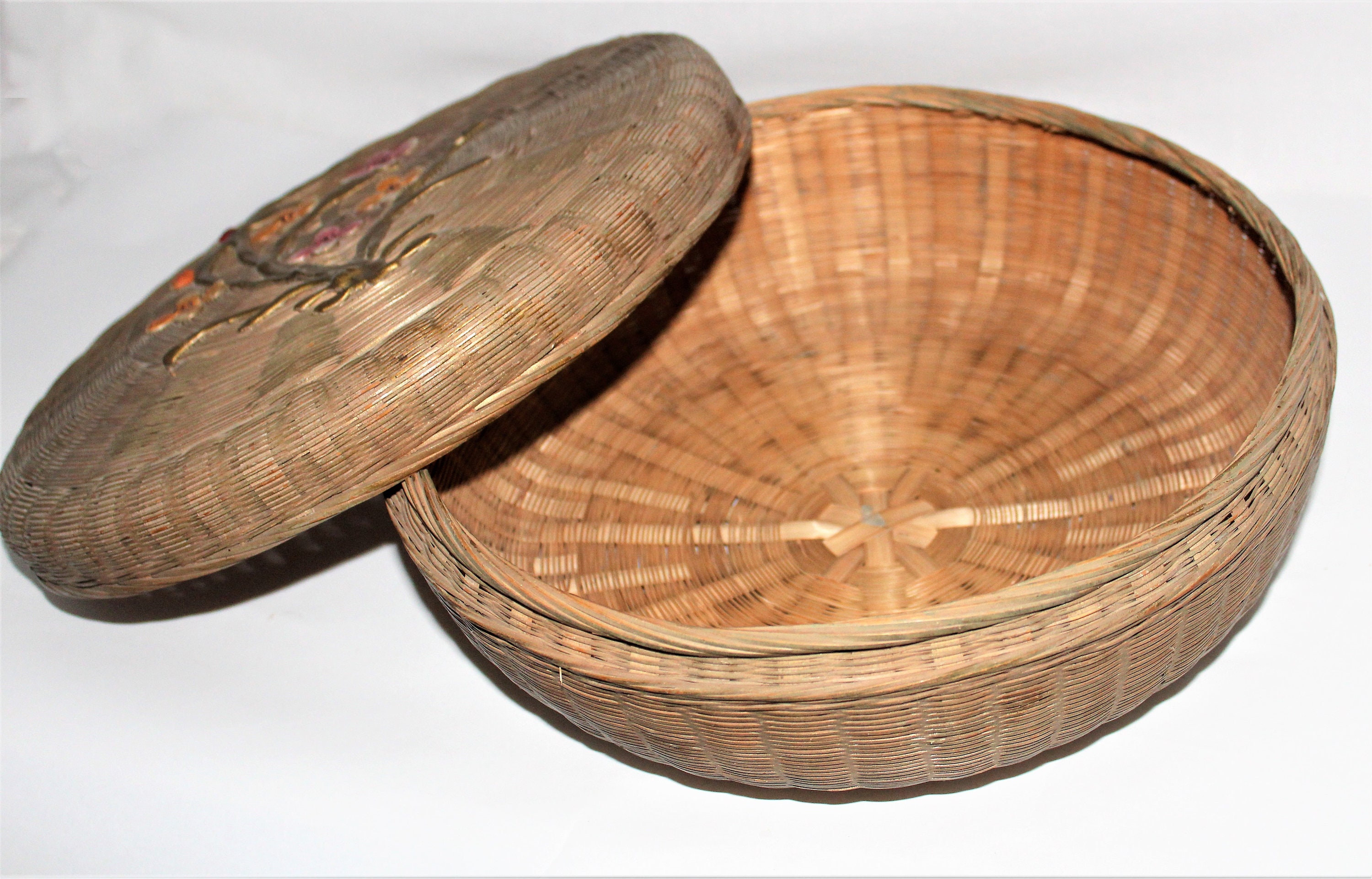 Rare 1920s Chinese Tea or Sewing Basket with Gesso / Barbola Work on Lid