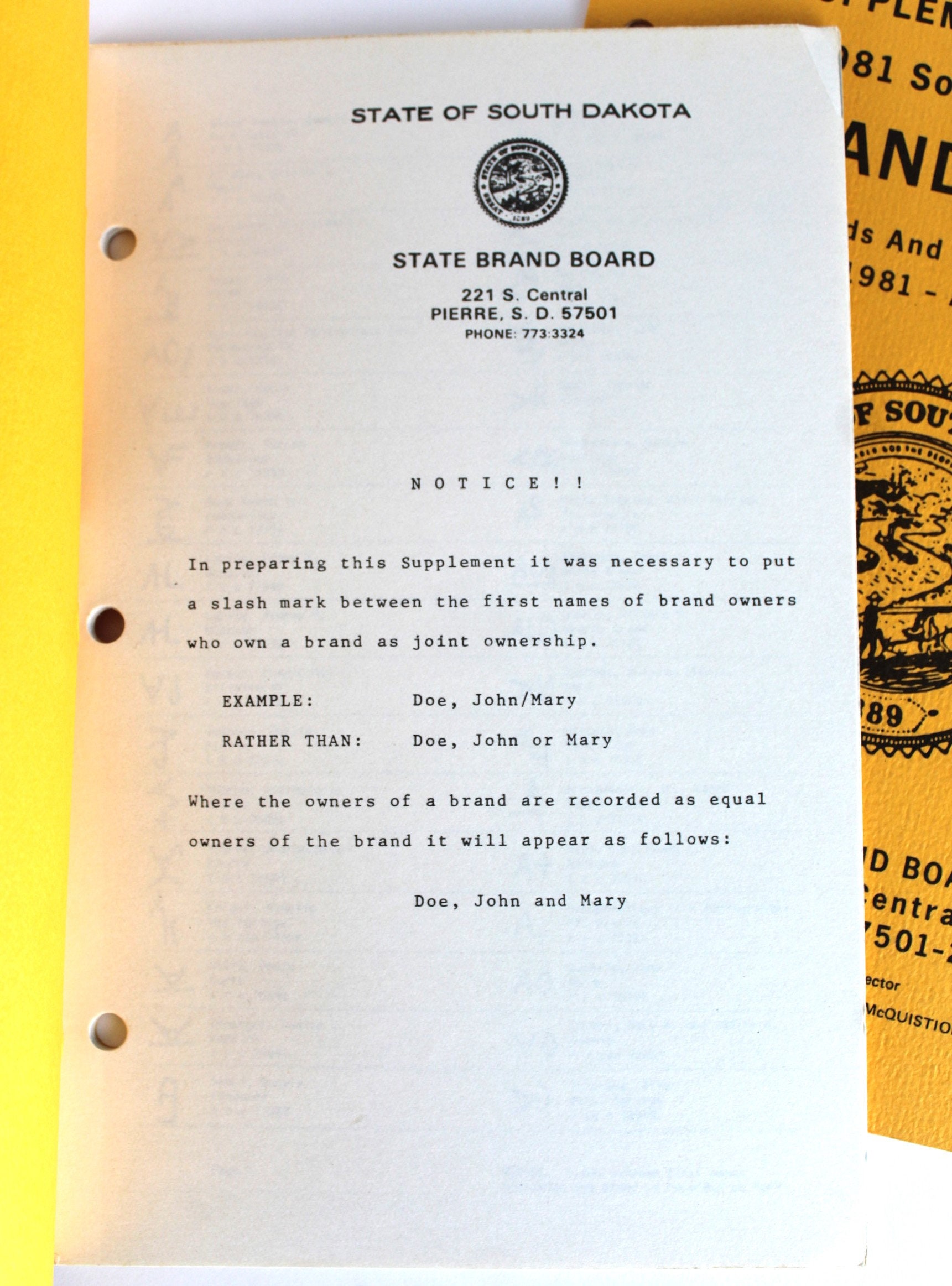 1981 South Dakota Brand Book Supplement 1 and 1A, Livestock Brand Book