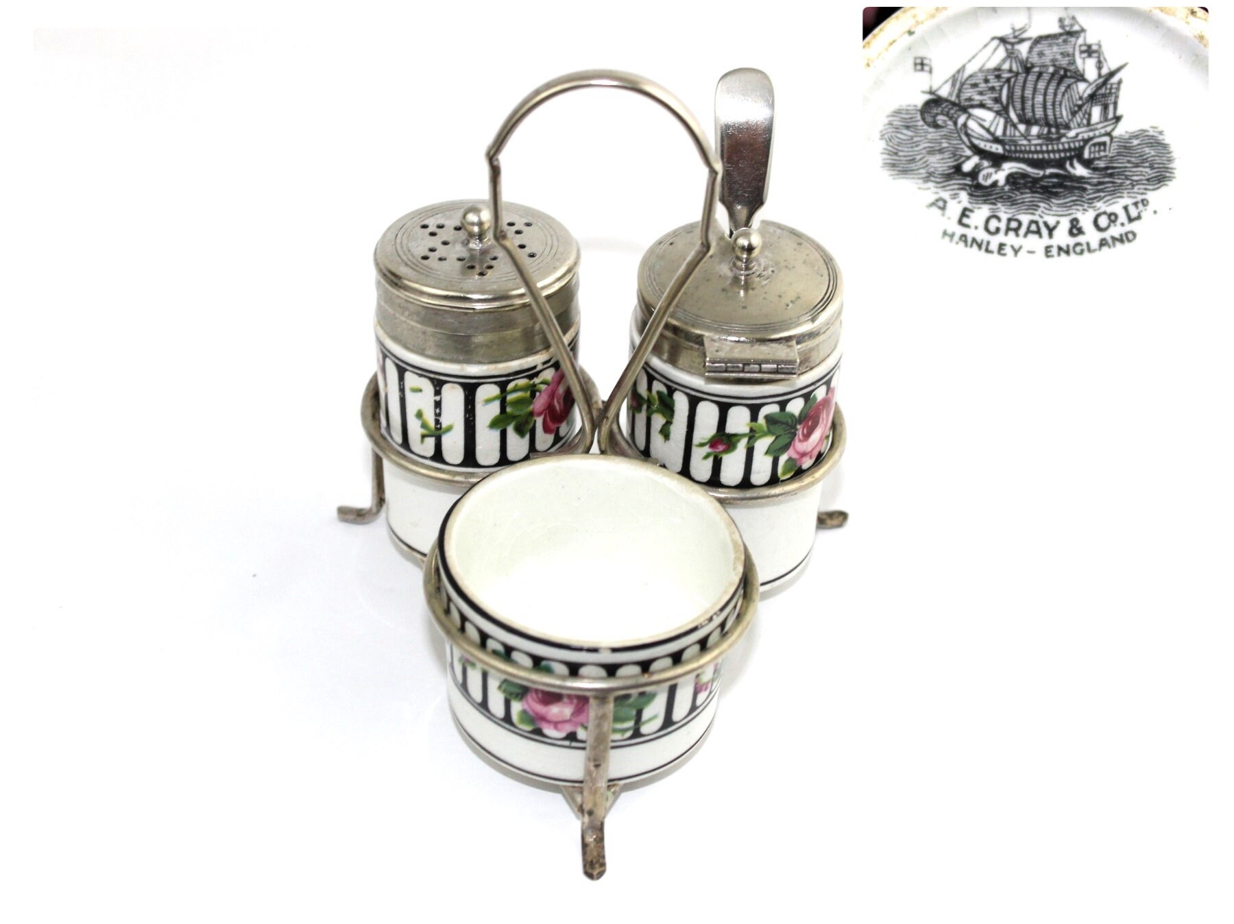 Victorian Tea Set / Antique Silver and Porcelain Cruet Set / A. E. Gray