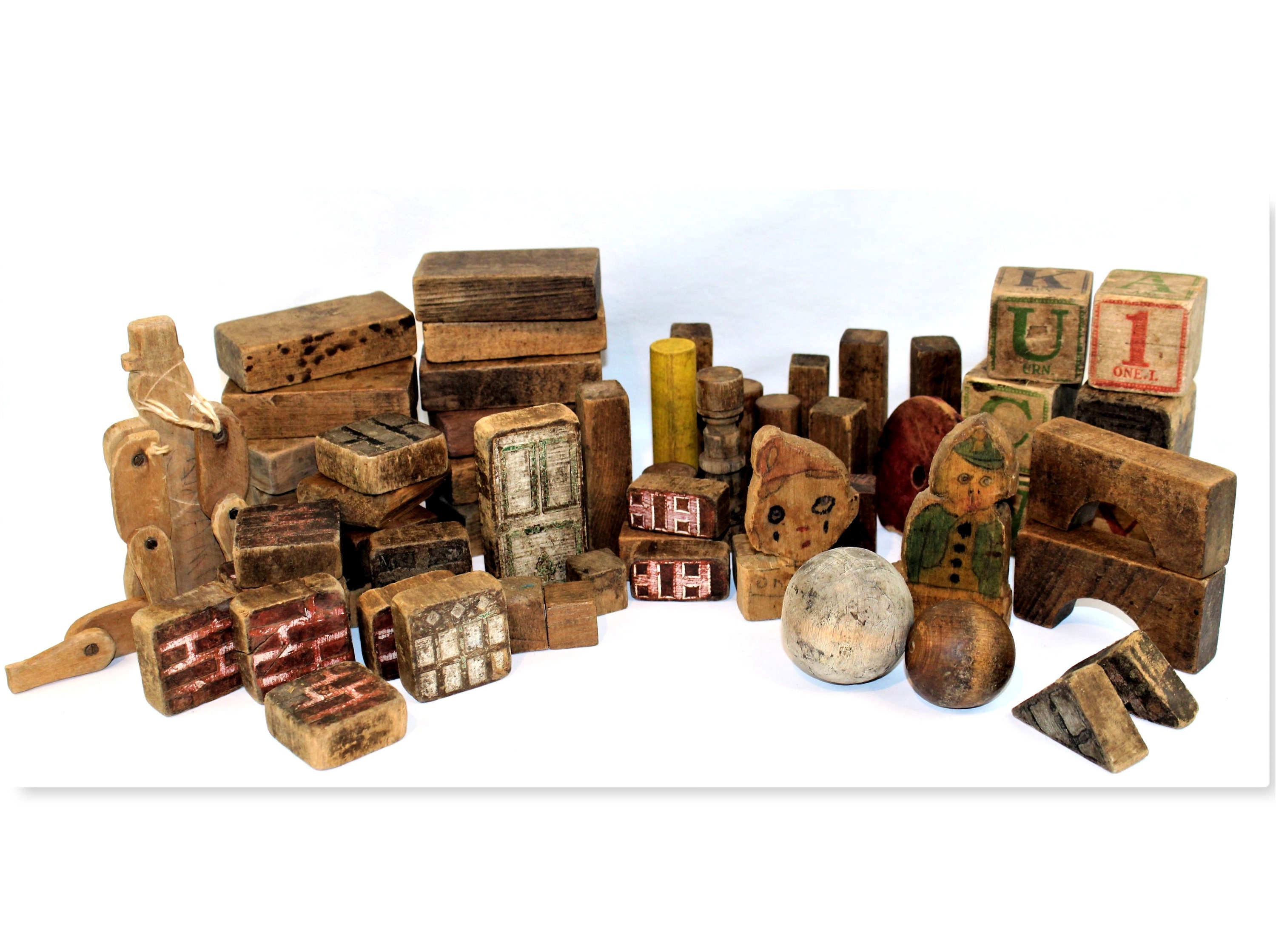 Sold to Pam, Antique Primitive Wooden Toy Building Blocks
