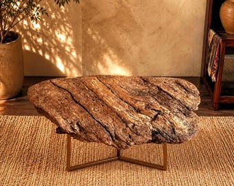 Op bestelling gemaakte salontafel van drijfhout | Met de hand verzameld Californisch drijfhout | Sculpturale houten salontafel | Aangepaste bronzen basis