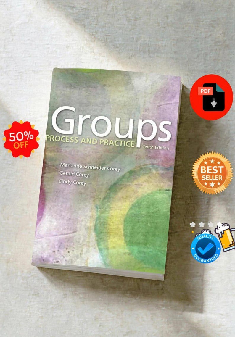 Peut inclure: Un manuel intitul&eacute; Groups: Process and Practice, Tenth Edition, par Marianne Schneider Corey, Gerald Corey et Cindy Corey. La couverture pr&eacute;sente un motif aquarelle abstrait dans des tons de vert, jaune et violet avec du texte blanc.