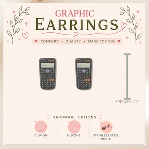 Boucles d'oreilles calculatrice, Boucles d'oreilles pour professeur de maths, Boucles d'oreilles calculatrice, Cadeau pour professeur de sciences et technologies, Bijoux scolaires, Boucles d'oreilles graphiques