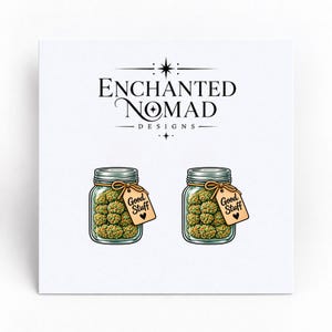 May include: A pair of glass jar illustrations filled with green textured buds, each featuring a tan tag tied with string that reads Good Stuff with a small black heart. Above the jars is the text Enchanted Nomad Designs.
