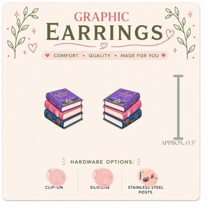 Boucles d'oreilles puces en forme de pile de livres, boucles d'oreilles pour enseignante, cadeau pour passionnée de lecture, boucles d'oreilles pour bibliothécaire, boucles d'oreilles pour rat de bibliothèque, boucles d'oreilles à motif scolaire