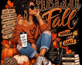 Hello Fall Black Woman Autumn Design, Leopard Print, Empowering Words (Digital Download)