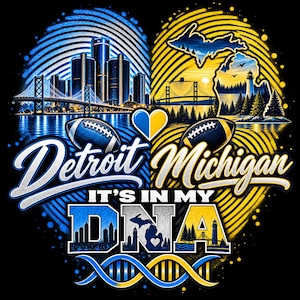 Puede incluir: Un diseño gráfico con forma de corazón de huella dactilar en azul y amarillo. El lado izquierdo muestra el horizonte de Detroit y un puente, mientras que el derecho muestra el mapa del estado de Michigan y un faro. Texto: Detroit Michigan IT'S IN MY DNA.
