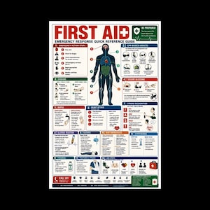 Könnte beinhalten: Ein Erste-Hilfe-Notfall-Referenzposter mit einem zentralen menschlichen Anatomiediagramm, umgeben von nummerierten Abschnitten zu Themen wie HLW, Ersticken, starken Blutungen, Verbrennungen, Herzinfarkten, Schlaganfällen und anderen Notfällen.