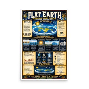May include: A dark blue and gold informational poster titled The Flat Earth. The design features a central illustration of a flat earth surrounded by an ice wall, accompanied by various text sections, diagrams, and icons explaining flat earth theory.