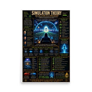 May include: A black poster titled Simulation Theory featuring a central illustration of a person sitting before computer screens displaying a digital grid. The design includes gold text, scientific icons, and diagrams explaining simulation hypotheses.