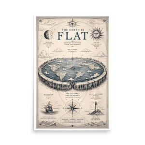 Op de afbeelding: Een poster in vintage-stijl met een illustratie van een platte aarde, een ijsmuur, een kompasroos, een schip en een vuurtoren. De tekst luidt THE EARTH IS FLAT, QUESTION EVERYTHING, THINK FOR YOURSELF, NOT A THEORY, IT'S REALITY en THE ICE WALL.