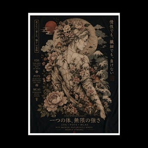 May include: A black graphic print featuring a person with a cracked, floral-patterned back, surrounded by peonies, mushrooms, and a moon. Text includes "EDS," "POTS," "MCAS," "THREE DIAGNOSES," and Japanese characters on a dark background.
