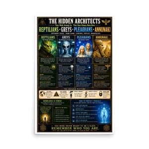May include: A vertical informational poster titled The Hidden Architects, featuring four distinct sections for Reptilians, Greys, Pleiadians, and Annunaki. The design includes detailed illustrations, descriptive text, and sections on traits, agendas, and protection.