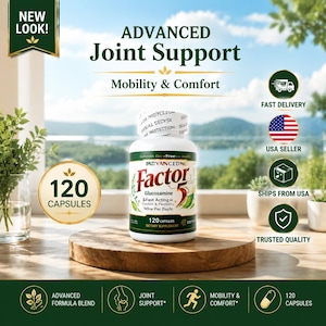 May include: A white plastic bottle of Advanced Factor 5 dietary supplement capsules with a green and red label. The label features the text Advanced Factor 5 Glucosamine, Fast Acting Comfort & Flexibility, One Per Day, and 120 Capsules.