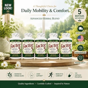 May include: Five white plastic bottles of Factor 5 Advanced Herbal Blend dietary supplement, each containing 120 capsules. The labels feature green text and leaf graphics, with the total count of 600 capsules displayed in a circular badge.