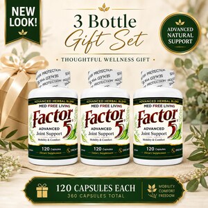 New Packaging Med Free Living Factor 5 Advanced Joint Support, 3 Bottle Wellness Gift Set