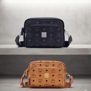 MCM Visetos Crossbody Bag Luxury Designer Shoulder Bag Premium Leather Messenger Bag Everyday Travel Sling Bag Black & Cognac Color