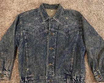 Vtg 90s Xong Loon Floral Rhinestone Acid Wash Denim Jacket embroidered