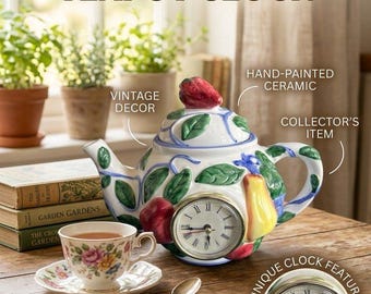 Vintage Ceramic Teapot Clock Fruit & Rooster Cottagecore Tabletop Clock Decor
