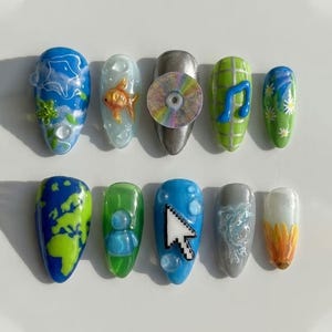 Y2K Cyber Aero Press On Nails / 3D Computer Cursor CD Disc Nails / Retro Web Planet Earth Goldfish Nail Art / Nostalgic Water Grid Nails