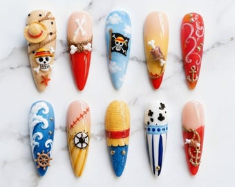 Pirate Skull Flag Fake Nails, Anime Pirate Press On Nails, Ocean Anchor Straw Hat Nail Art, Handmade Reusable Nails
