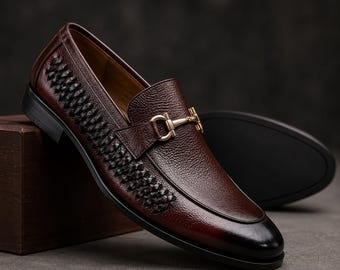 Herrloafers i brunt läder med flätad häst | Slip-on finskor | Vävda formella loafers, present till honom