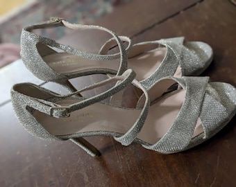 Kate Spade New York Silver Sparkle Glitter Strappy Frances Sandal Heels Sz 10 M