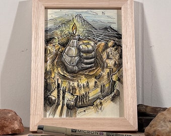 Fire- Inktober 2023 - original framed drawing