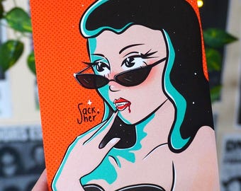 Illustration rétro de vampire | Illustration d'horreur vintage signée | Rockabilly