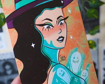Illustration rétro signée d'une sorcière pin-up
