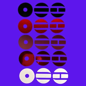 Peut inclure: Une collection de composants circulaires plats disposés en grille. Chaque rangée présente une couleur différente, notamment noir, rouge, rouge foncé, bordeaux et blanc. Les formes incluent des cercles pleins avec un trou central, des cercles avec deux découpes horizontales et des cercles avec une découpe centrale en forme de H.