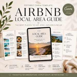 Op de afbeelding: Een bewerkbaar Canva-sjabloon voor een Airbnb lokale gids met een digitaal tablet dat een kustlandschap bij zonsondergang toont, omringd door geprinte pagina's met details over stranden, restaurants, cafés en nuttige informatie.