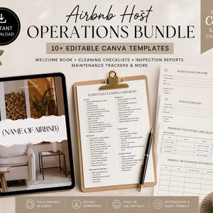 Könnte beinhalten: Ein Airbnb-Gastgeber-Operations-Paket mit über 10 bearbeitbaren Canva-Vorlagen, darunter ein Willkommensbuch, Reinigungschecklisten, Inspektionsberichte und Wartungsprotokolle, dargestellt auf einem Tablet und in gedruckter Form auf Papier.
