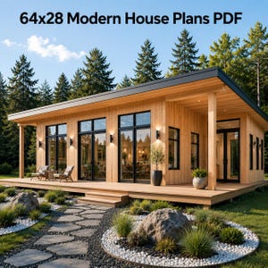 May include: A digital architectural rendering of a single-story house with light wood siding, a flat roof, and large black-framed glass doors. The text 64x28 Modern House Plans PDF is displayed at the top. The structure features a wooden deck.