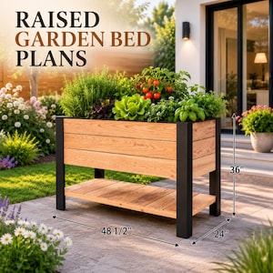May include: A raised garden bed with horizontal wooden planks and black metal legs, featuring a lower storage shelf. The structure measures 48 1/2 inches in length, 24 inches in width, and 36 inches in height. Text reads RAISED GARDEN BED PLANS.