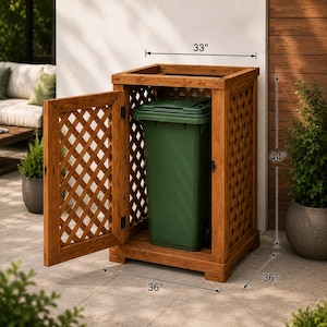 Puede incluir: Un cobertizo de madera para cubos de basura con diseño de celosía y puerta abierta, que contiene un cubo de plástico verde. La estructura mide 84 cm de ancho, 91 cm de profundidad y 112 cm de alto, ocultando el contenedor de residuos.