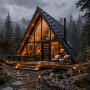 May include: A modern A-frame cabin with a black metal roof and a large glass front facade. The interior is illuminated with warm lighting, revealing a wooden structure, a staircase, and furniture. A wooden deck features outdoor seating.