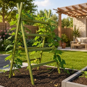 Op de afbeelding: Een lichtgroen houten A-vormig tuinrek in donkere aarde. De structuur heeft twee gekruiste steunen aan de bovenkant en drie horizontale sporten, met groene klimplanten en kleine gele bloemen die langs het frame groeien.