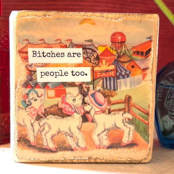 Bitches are people too - Vintage Book Page Desk Sitter, Upcycled Book Art, Funny Saying