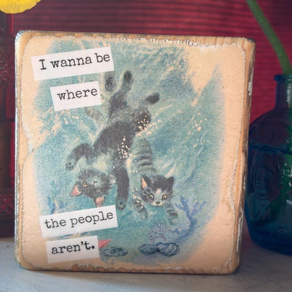 I wanna be where the people aren't - Vintage Book Page Desk Sitter, Upcycled Book Art, Funny Saying