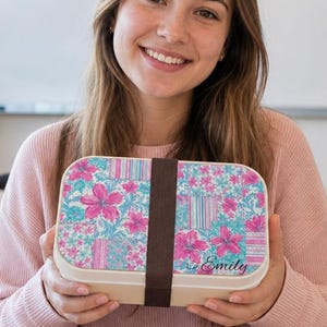 Bento lunchbox met bloemenpatchwork | Lunchtas met naam, ideaal voor de start van het schooljaar