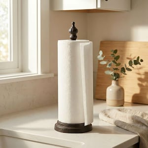 May include: A vertical paper towel holder with a dark brown, textured circular base and a matching finial top. The holder features a central rod supporting a roll of white paper towels, providing a stable structure for kitchen organization.
