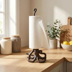 May include: A dark brown, cast iron paper towel holder featuring a detailed octopus base with curled tentacles and a central vertical rod topped with a decorative loop, holding a standard roll of white paper towels in a kitchen setting.